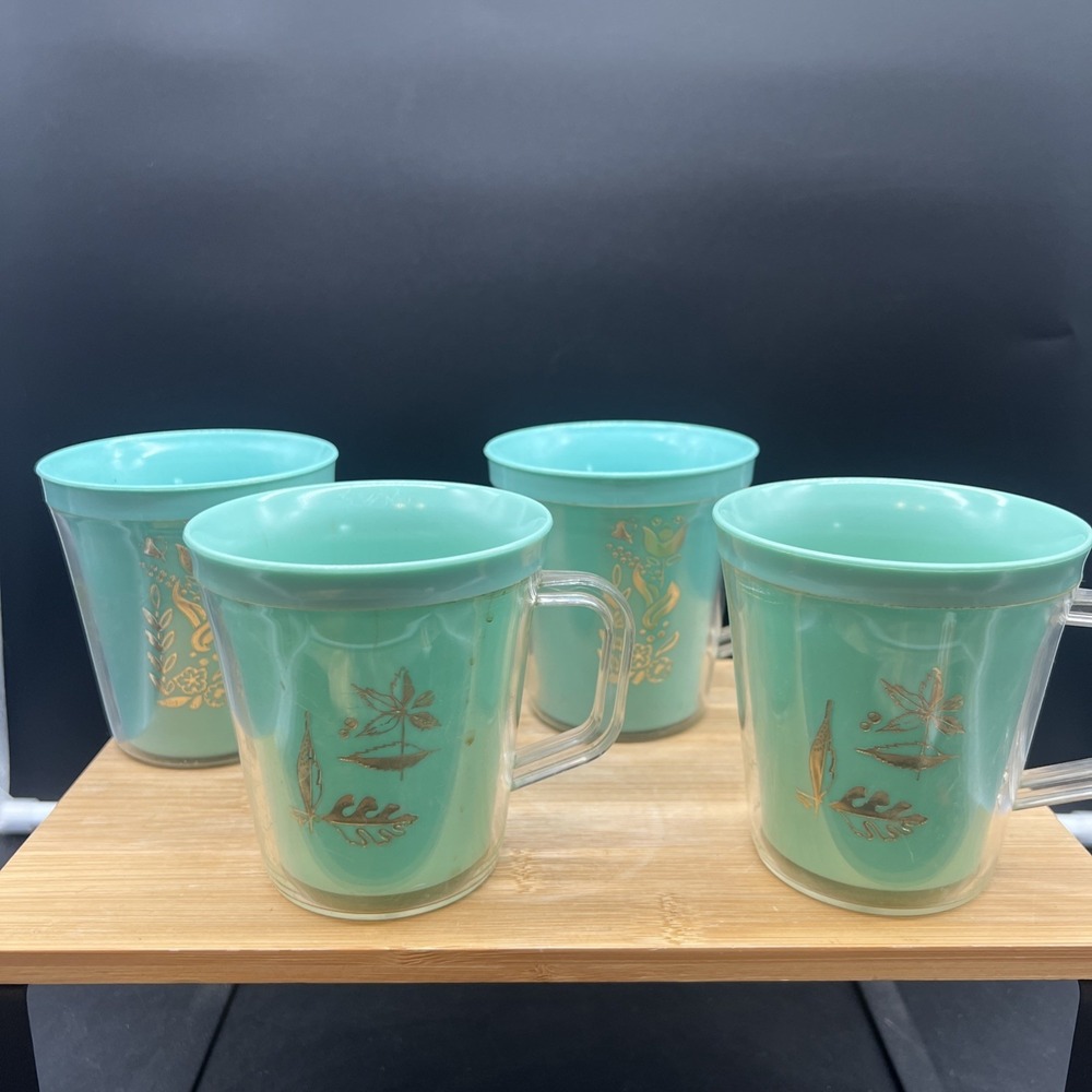 Set Of 4 Vintage Burrite Double Walled Insulated Teal Mugs gold leaf 10 oz - Picture 2 of 9